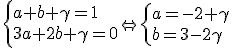 \left\{\begin{array}{l} \\ a+b+\gamma=1\\ \\ 3a+2b+\gamma=0 \\ \end{array}\right.\Leftrightarrow\left\{\begin{array}{l} \\ a=-2+\gamma\\ \\ b=3-2\gamma\end{array}\right.